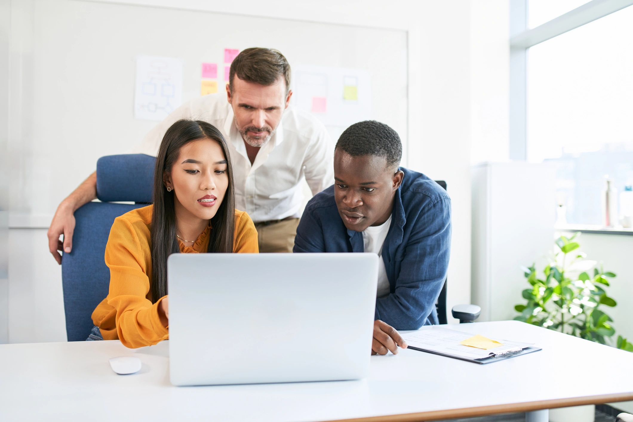 Team collaborating around laptops in an office
